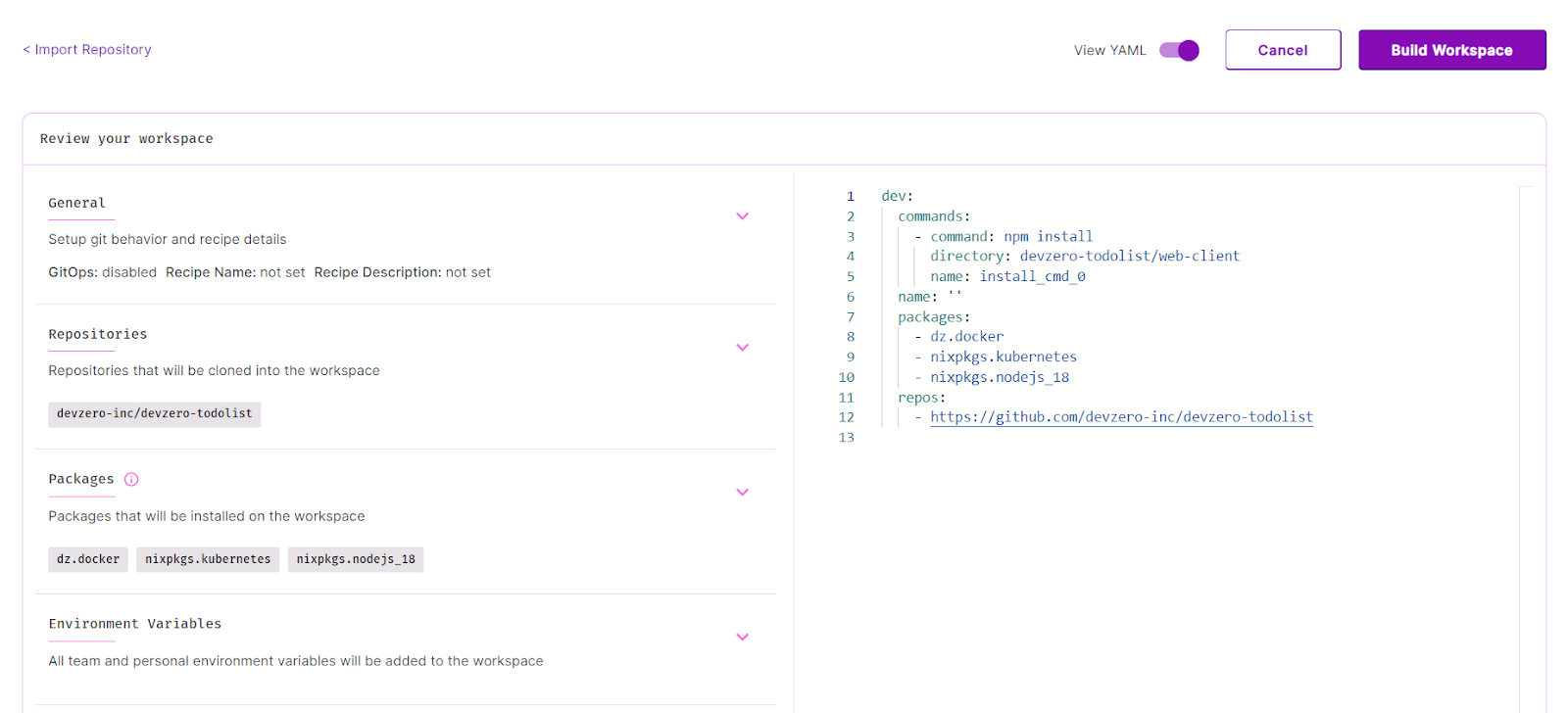 View YAML to view the YAML build DevZero generates.