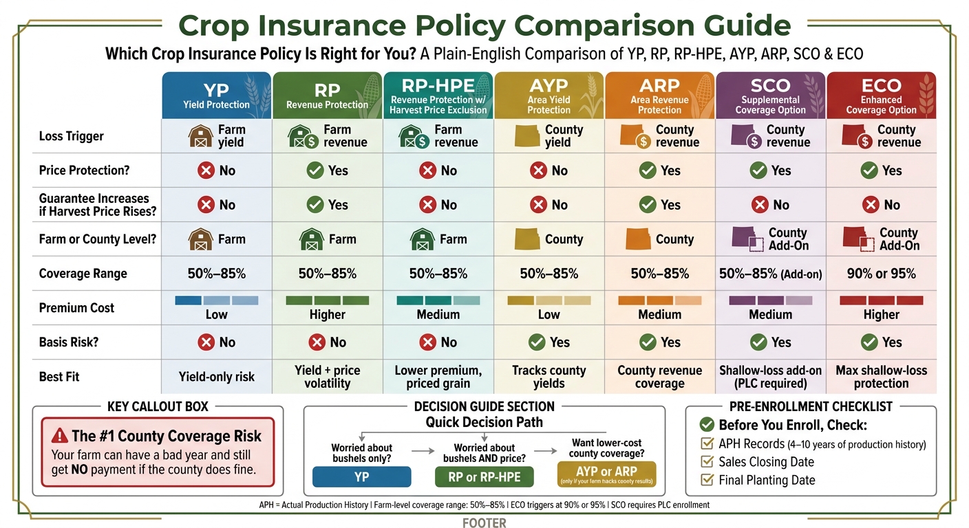 Crop Insurance Policy Comparison: YP, RP, RP-HPE, AYP, ARP, SCO & ECO
