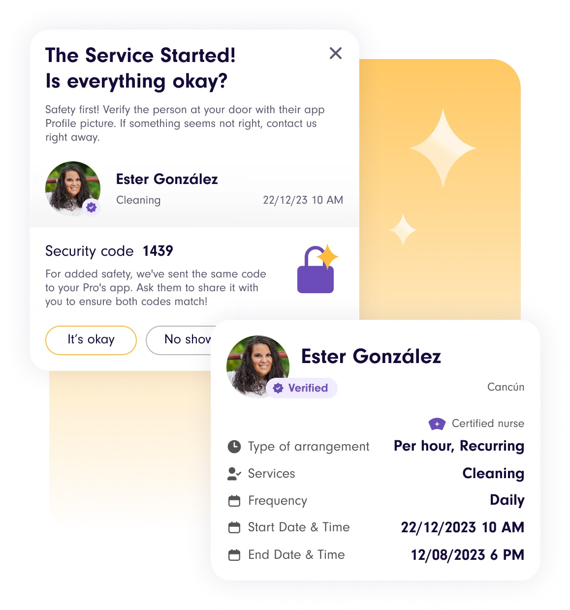 Images of dashboard from the Yazta app with a yellow gradient on the background.