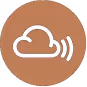 Ícone branco de uma nuvem com linhas de ondas sonoras em fundo circular marrom.