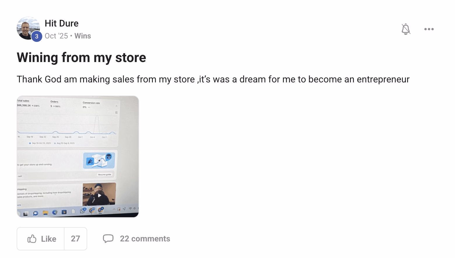 Social media post by Hit Dure celebrating sales success from his store with a sales graph and 27 likes.