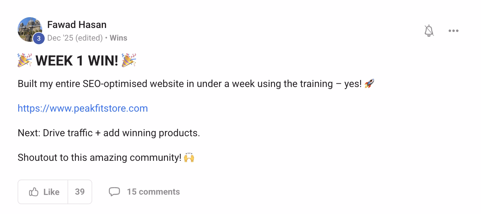 Social media post by Fawad Hasan celebrating completing an SEO-optimized website in under a week with a link to peakfitstore.com and 39 likes, 15 comments.