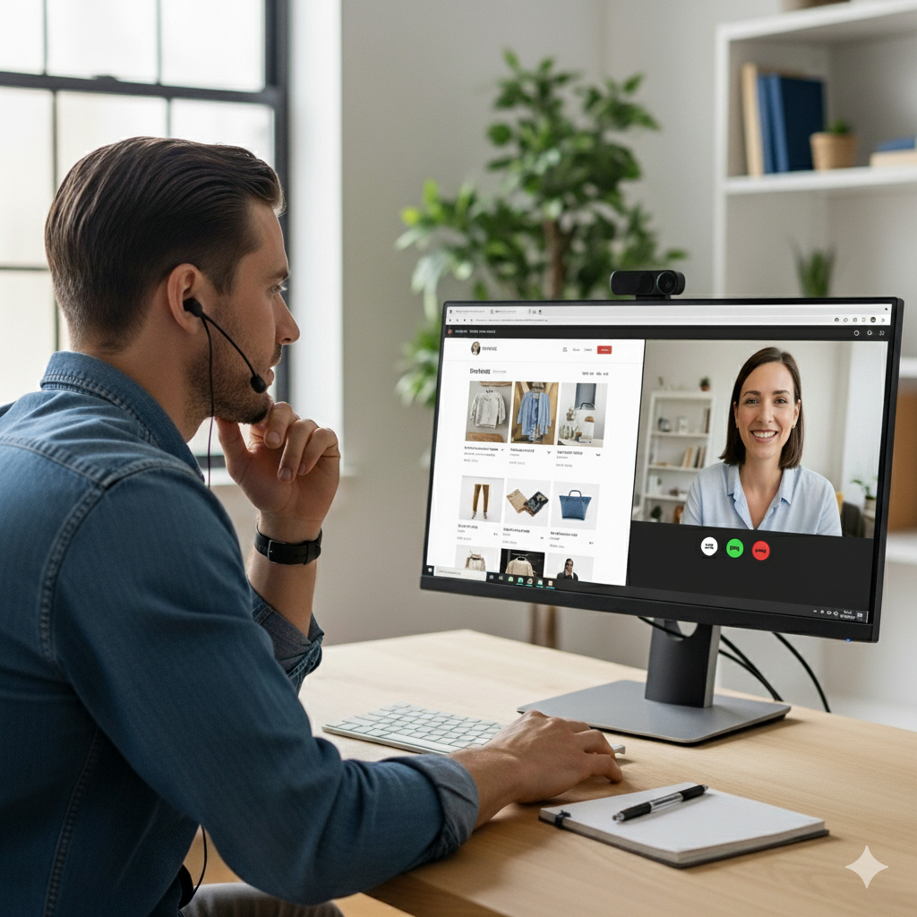 Man wearing headset participating in a video call with a woman on a desktop computer in a home office.