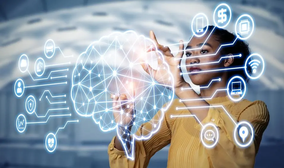 Woman interacting with digital holographic brain and technology icons representing connectivity and data.