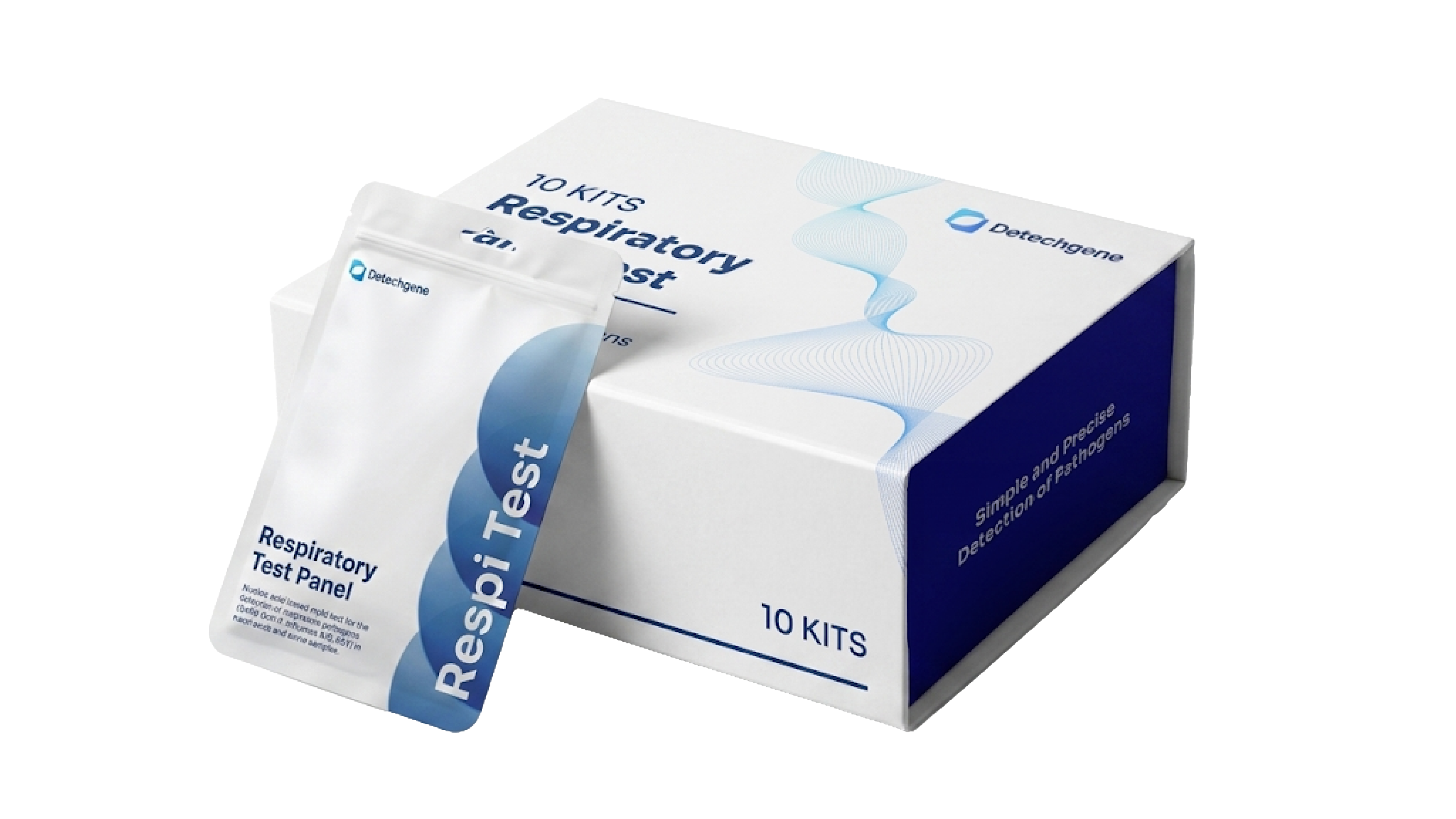 Respiratory test panel kit box with individual sealed test panel pouch in white and blue.