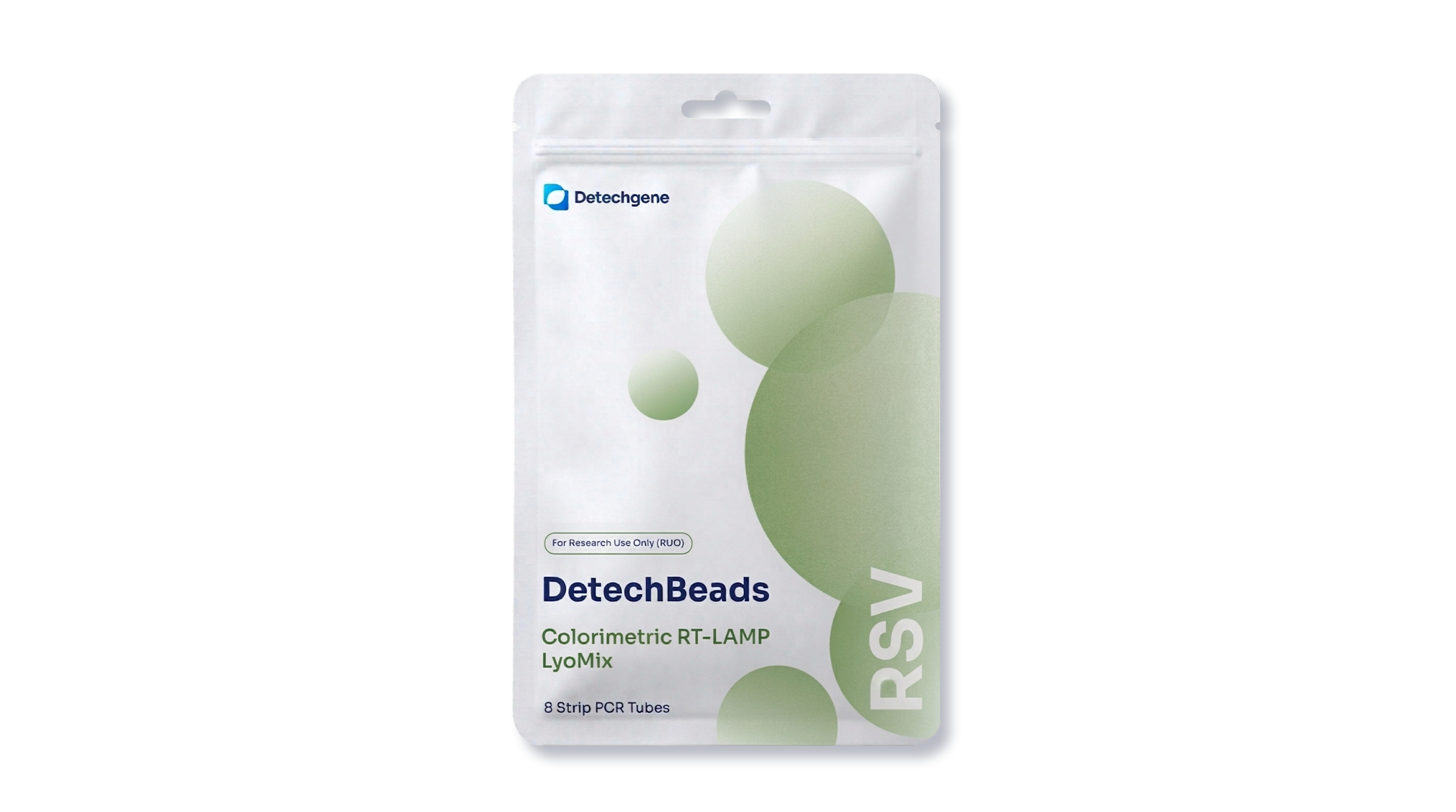Package of DetechBeads Colorimetric RT-LAMP LyoMix with 8 strip PCR tubes for RSV detection.