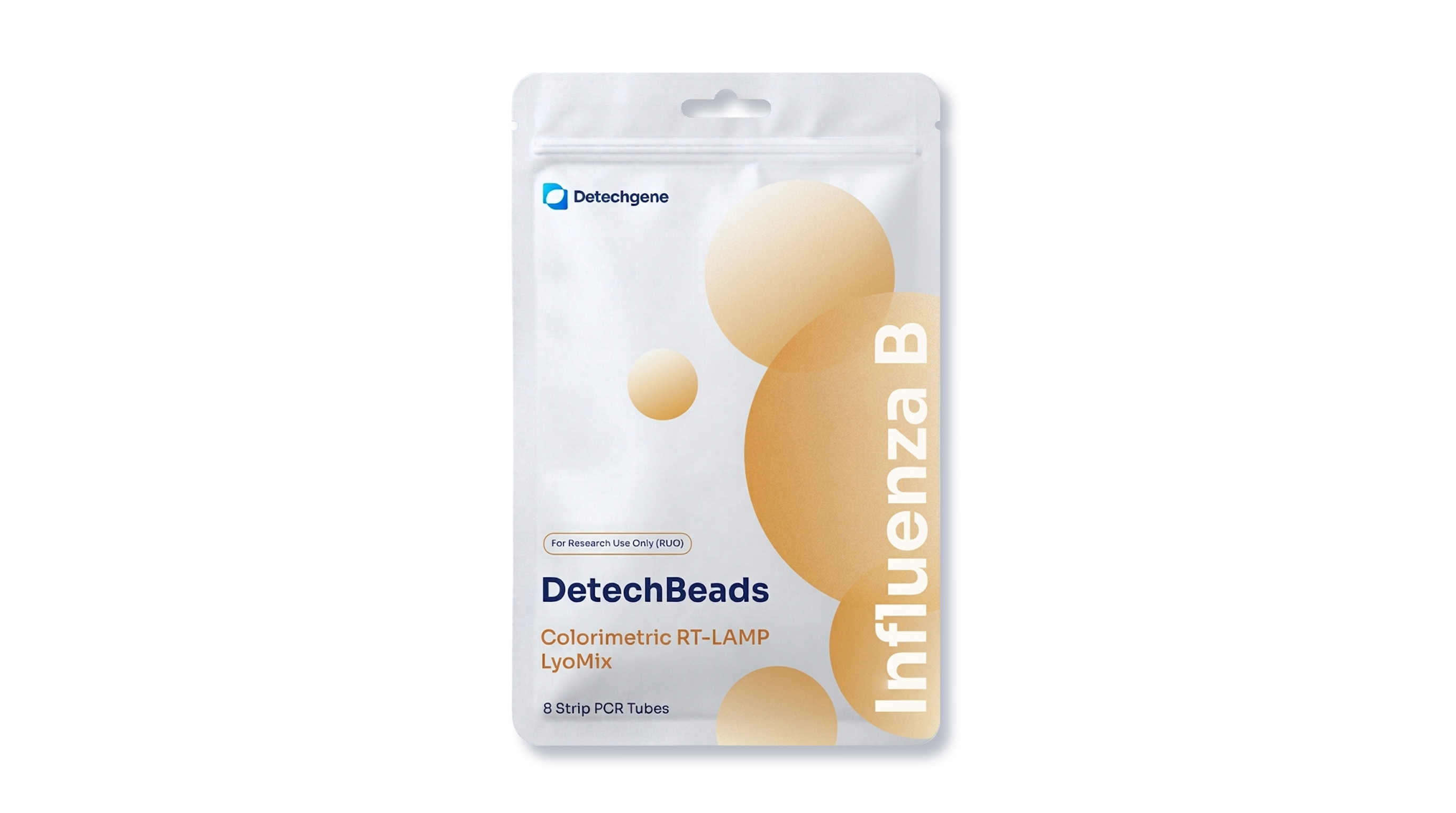 DetechBeads Influenza B Colorimetric RT-LAMP LyoMix kit package with 8 strip PCR tubes for research use.