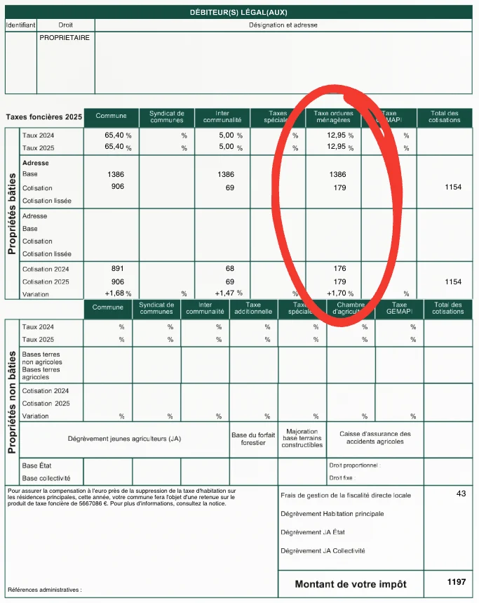 Avis de taxe foncière avec taxe d'ordure ménagère