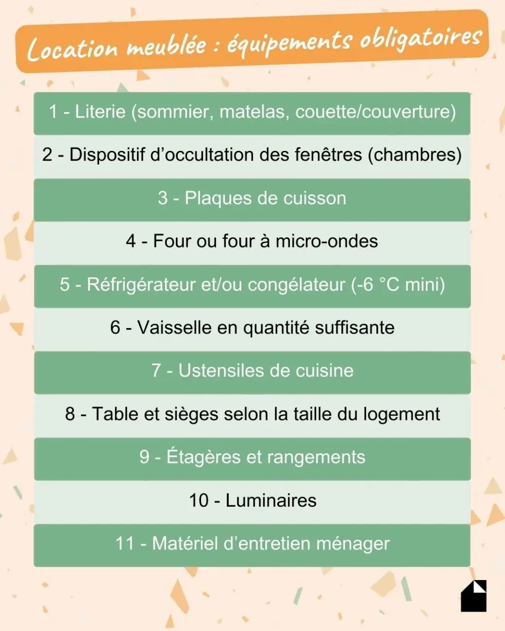 Visuel liste des équipements obligatoires location meublée