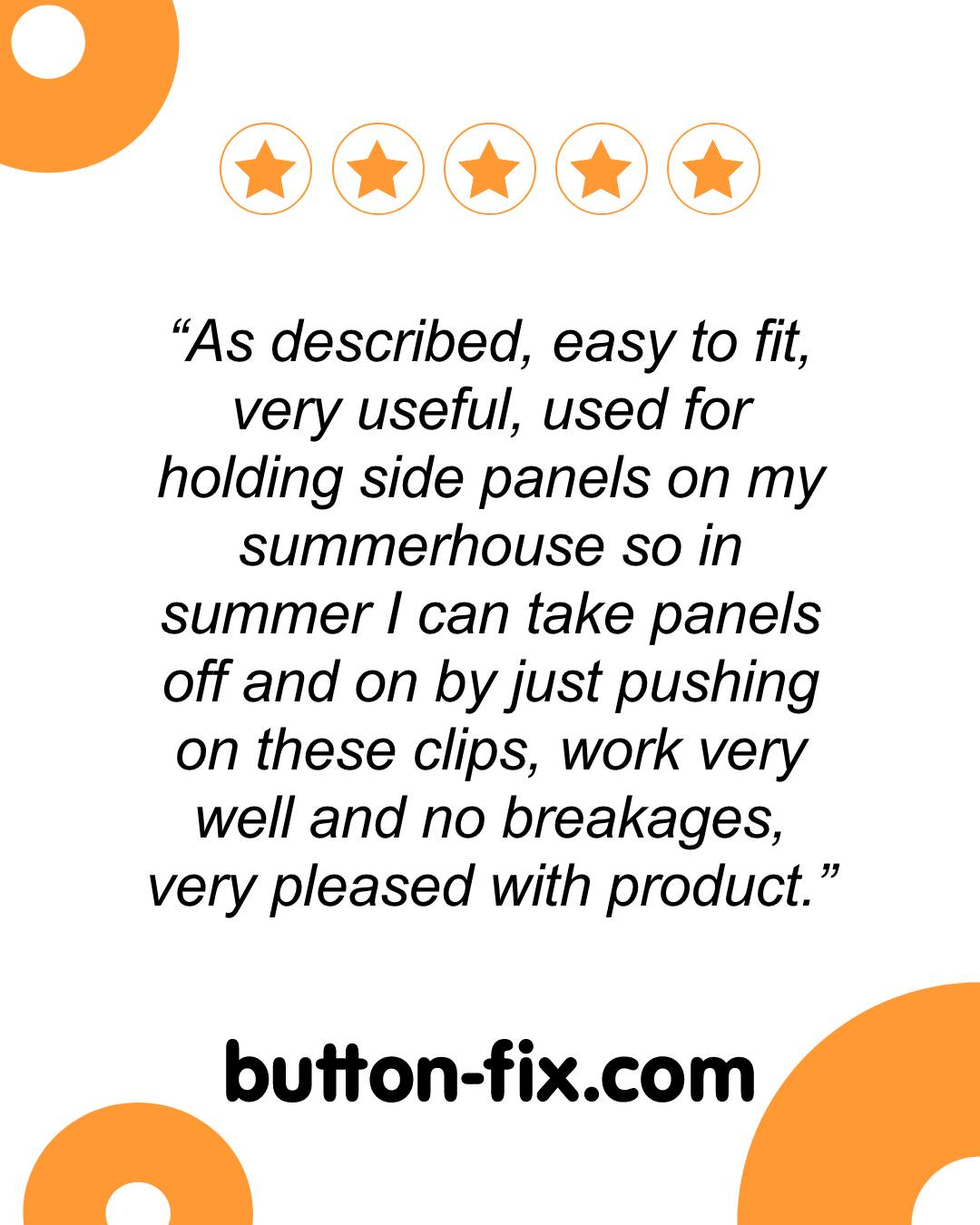 “As described, easy to fit, very useful… used for holding side panels on my summerhouse so in summer I can take panels off and on by just pushing on these clips… very pleased with product.”

Simple, strong, and built to last – that’s the Button-fix Type 1 Metal in action.

Discover how it can make your next project easier: https://www.button-fix.com/

#ButtonFix #InvisibleStrength #DIYProjects #ConstructionInnovation #Type1Metal #FixingsMadeEasy #SummerhouseBuild #DesignSolutions