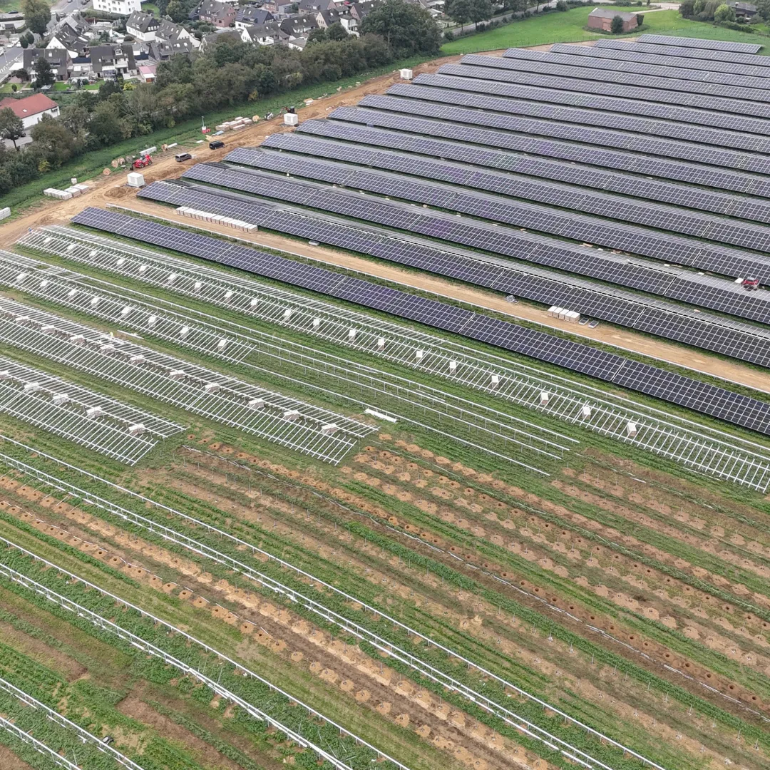 Ground-mounted solar installation with long rows of modules