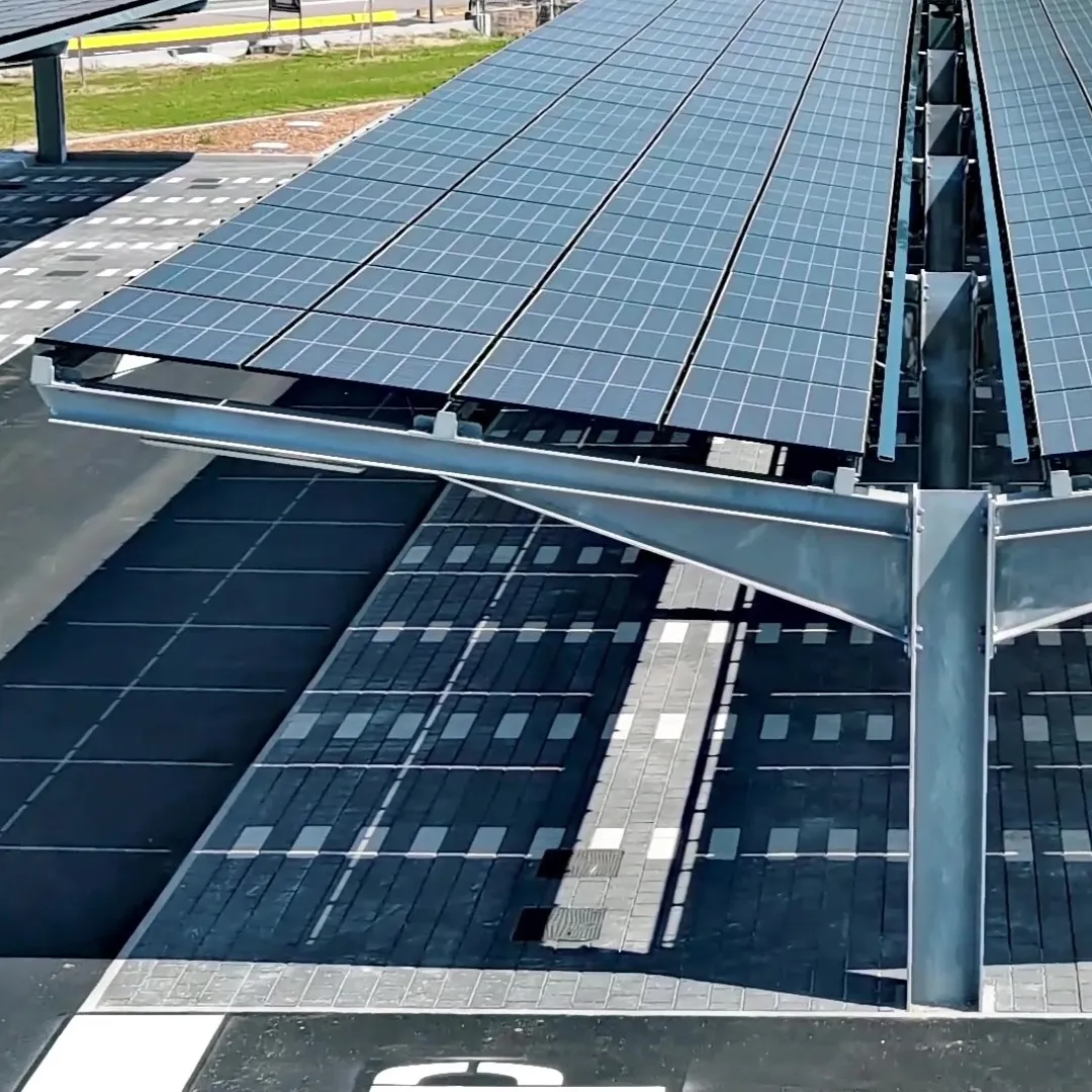 Solar carport over parking spaces at a company car park