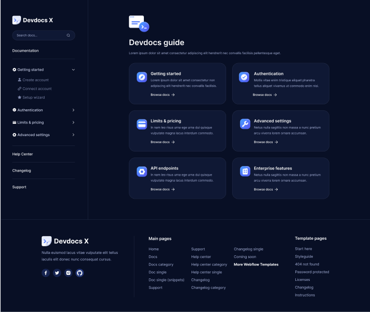 Devdocs X - Docs V1 - Home Page - Technical Documentation Webflow Template