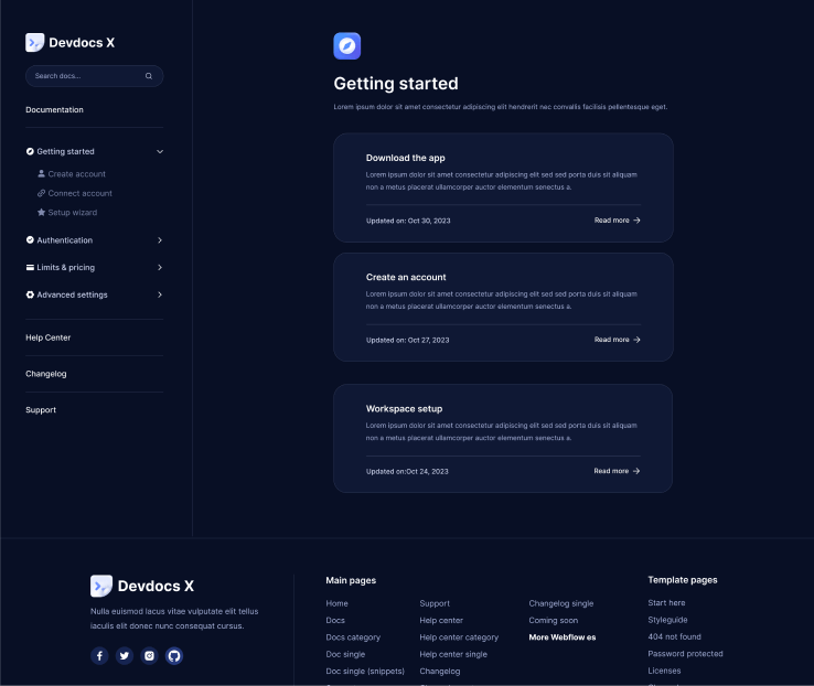 Devdocs X - Docs Category - Home Page - Technical Documentation Webflow Template