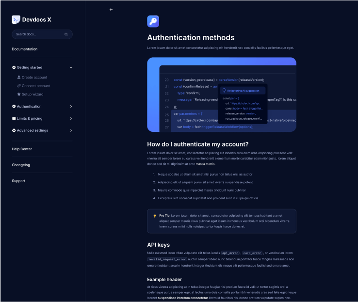 Devdocs X - Doc Single Snippets - Home Page - Technical Documentation Webflow Template
