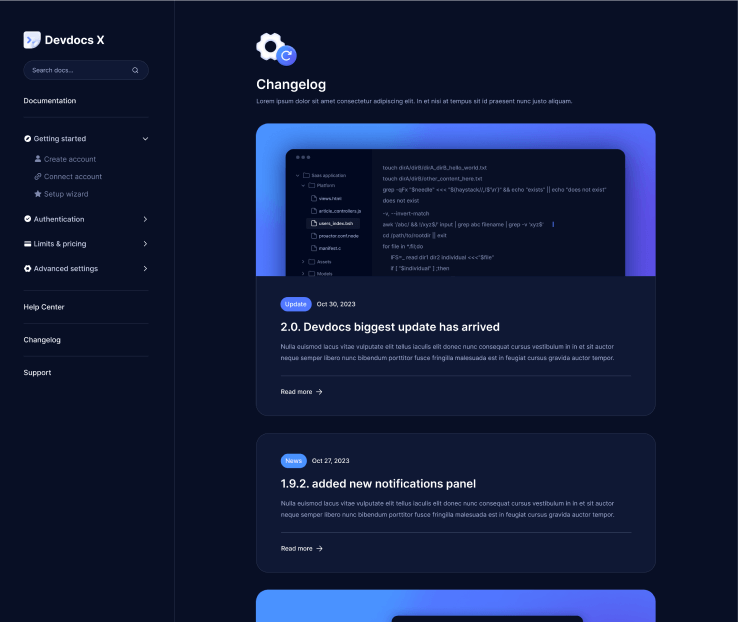 Devdocs X - Changelog V1 - Home Page - Technical Documentation Webflow Template