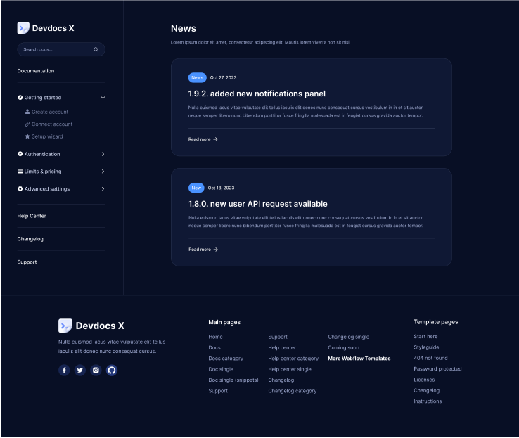 Devdocs X - Changelog Category - Home Page - Technical Documentation Webflow Template