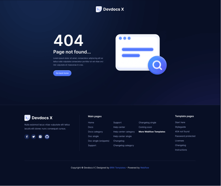 Devdocs X - 404 Not Found - Home Page - Technical Documentation Webflow Template