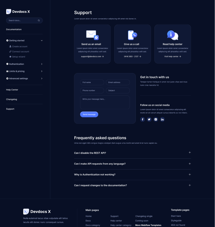 Devdocs X - Support - Home Page - Technical Documentation Webflow Template