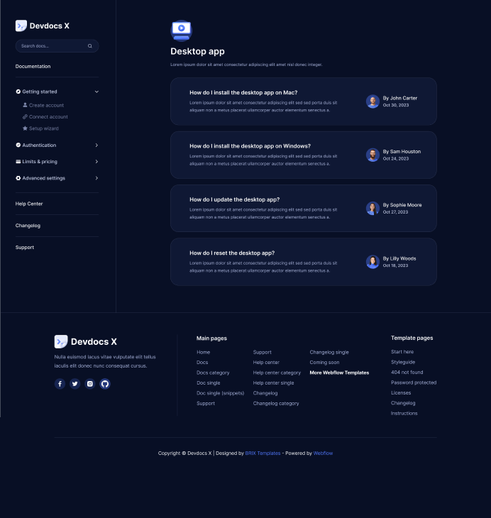 Devdocs X - Help Center - Home Page - Technical Documentation Webflow Template