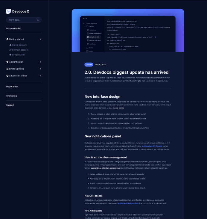 Devdocs X - Changelog Single - Home Page - Technical Documentation Webflow Template