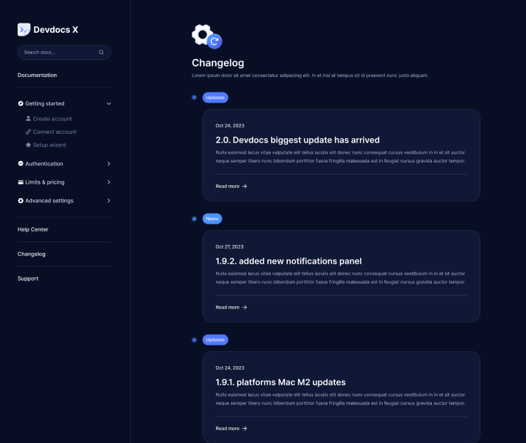 Devdocs X - Changelog V2 - Home Page - Technical Documentation Webflow Template