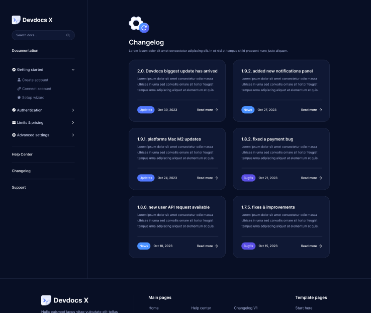 Devdocs X - Changelog V3 - Home Page - Technical Documentation Webflow Template