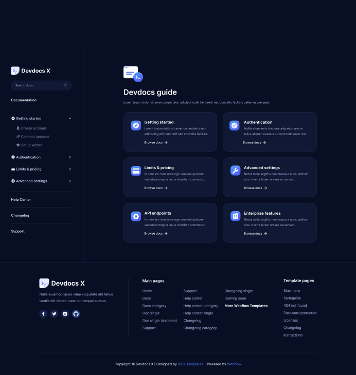 Devdocs X - Docs - Home Page - Technical Documentation Webflow Template
