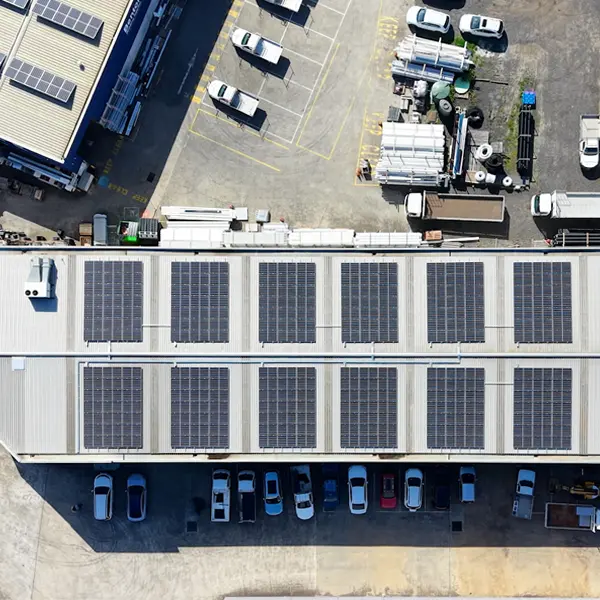 Aerial photo of a commercial solar system installed by Essential Solar