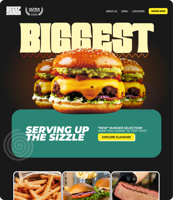 Web design of burger shop for portfolio of Proxee Design
