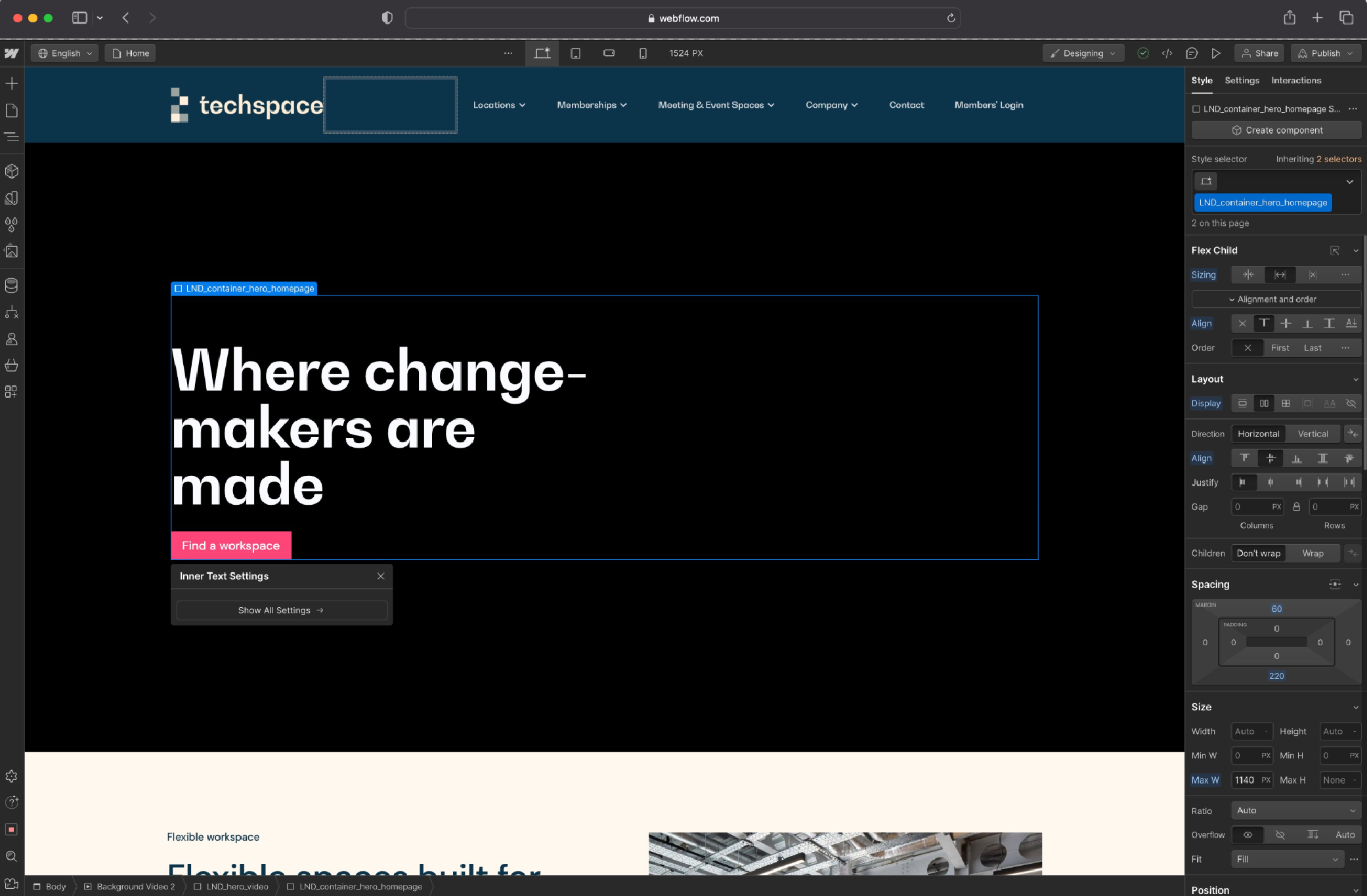 Techspace website design shown in the Webflow Designer