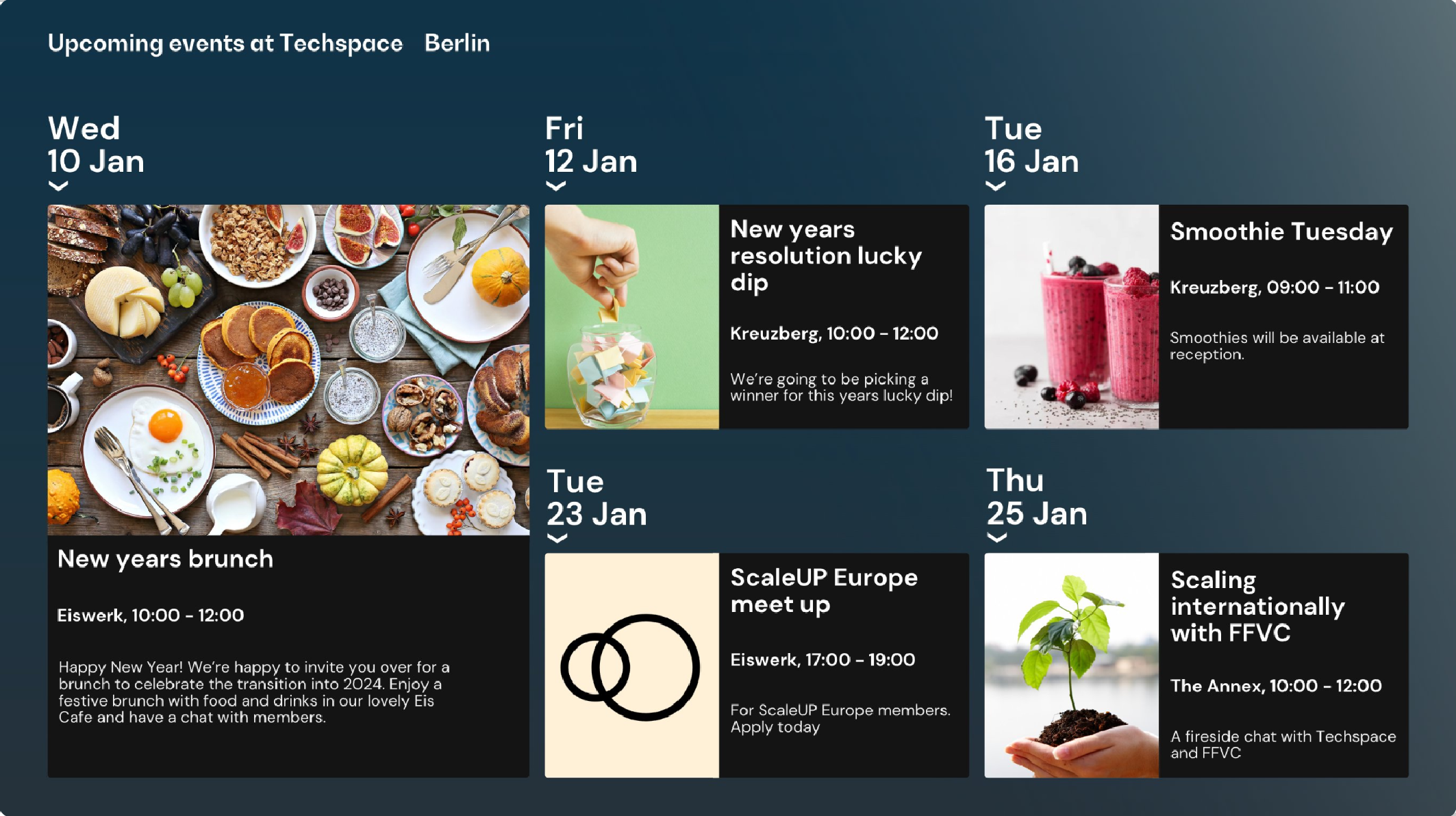 Techspace events calendar design for a display screen in Berlin