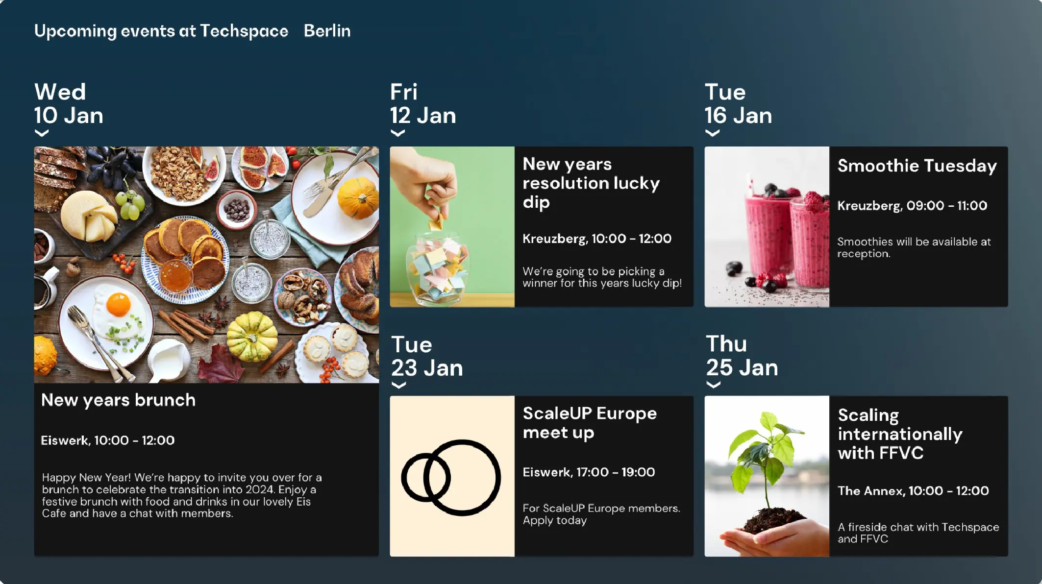 Techspace events calendar design for a display screen in Berlin