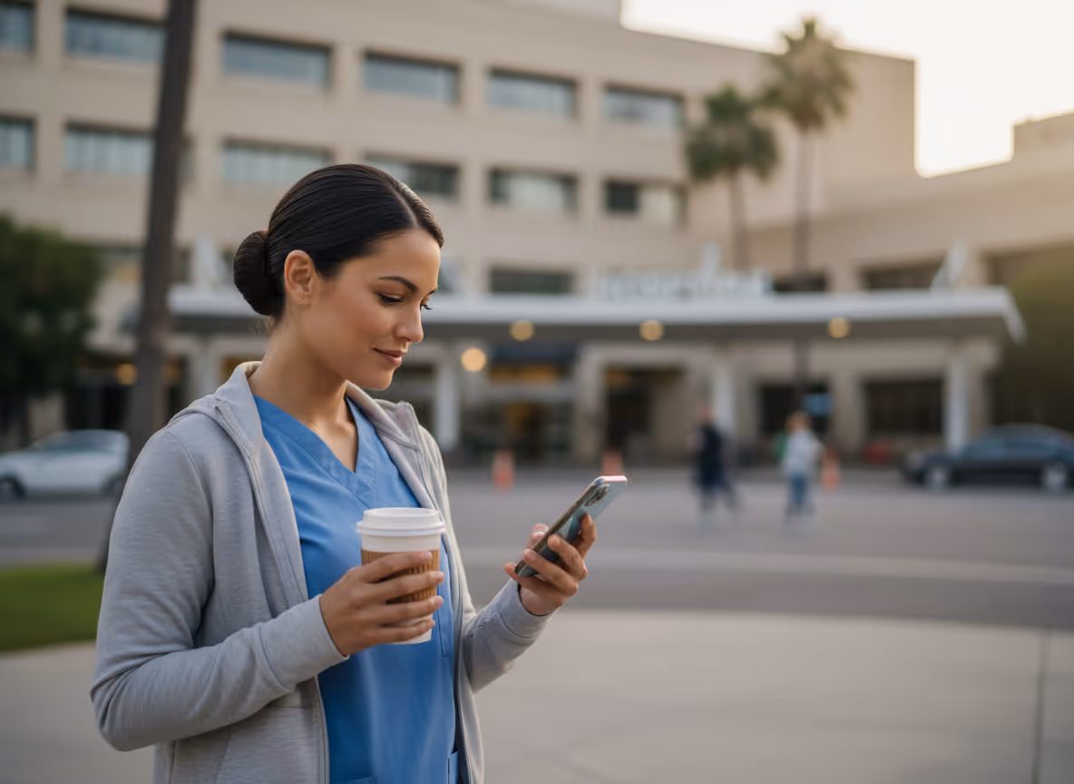 nurse checking her phone