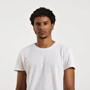 Fit and sexy young black man with an afro wearing a clean unlabeled white t-shirt 