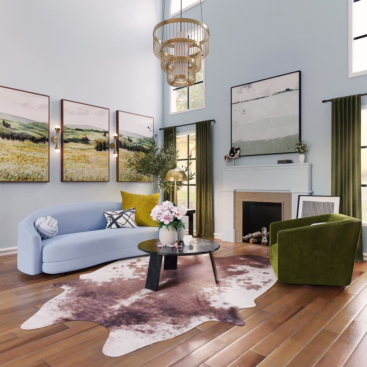 a living room in a day light with full of painting