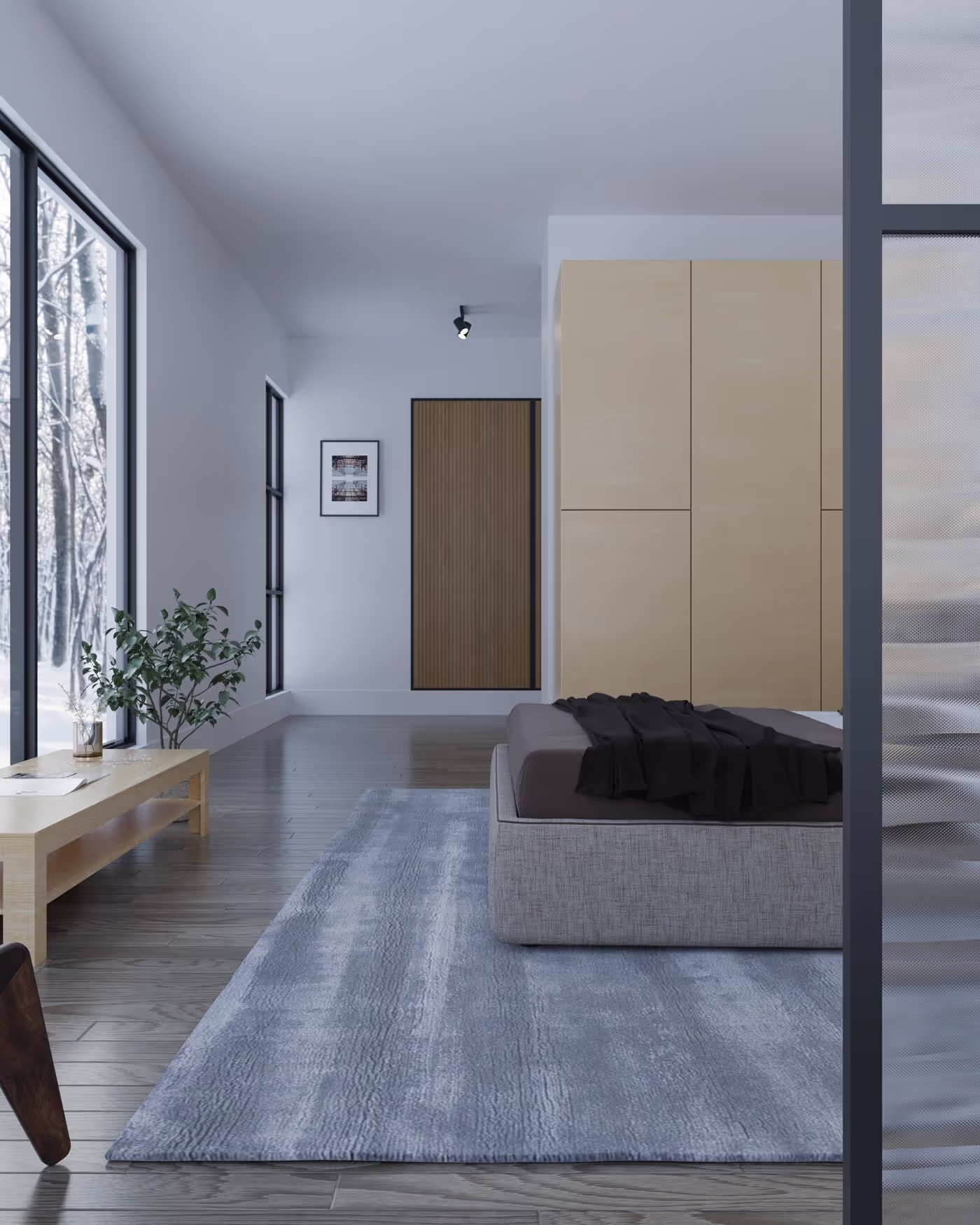 a room  with a bed and a couch