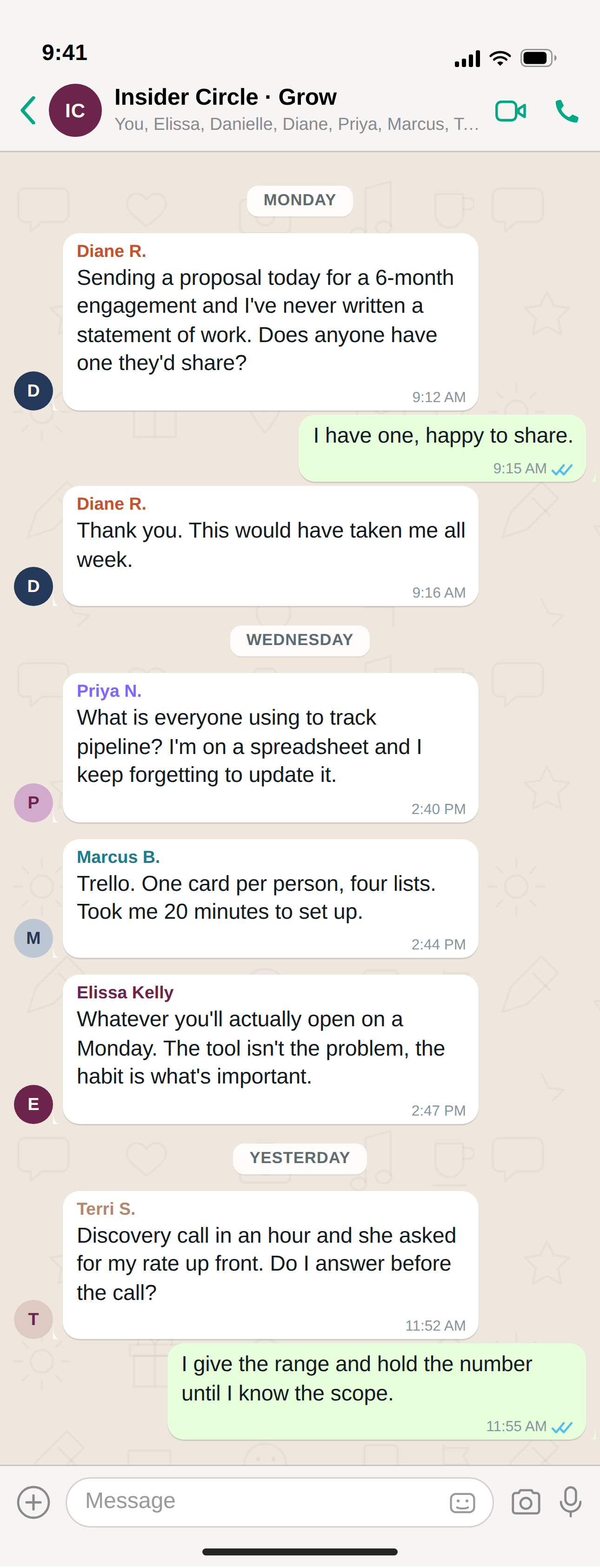 Insider Circle members channel on WhatsApp, with coaches trading a statement of work, pipeline tools and pricing advice