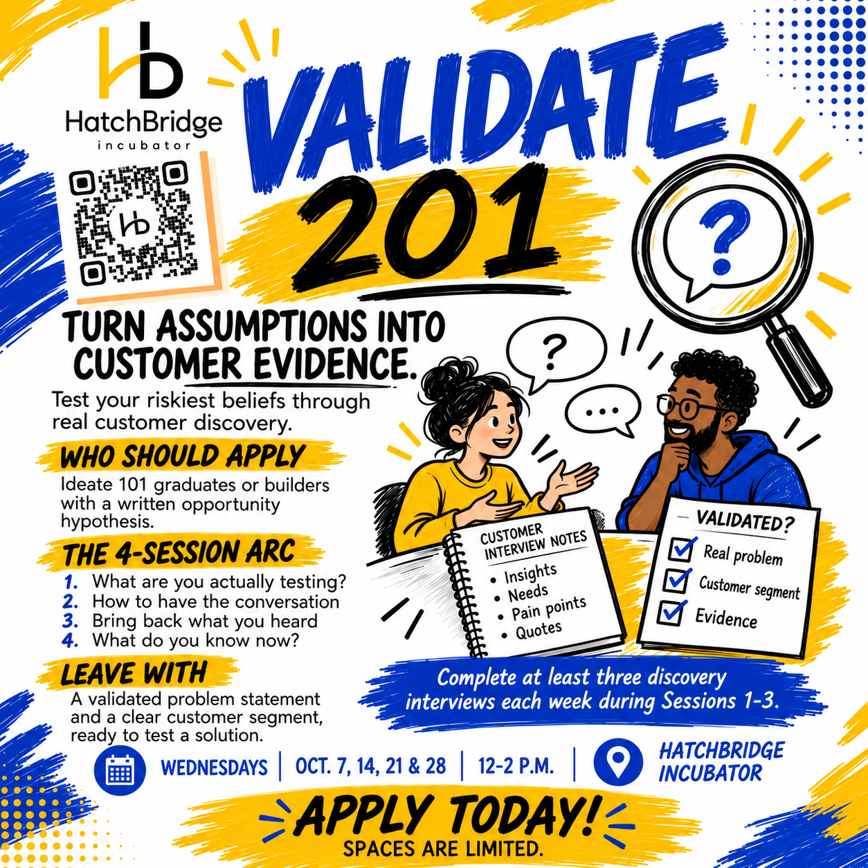 Validate 201 customer discovery workshop flyer, Wednesdays Oct. 7, 14, 21, and 28, noon to 2 p.m.