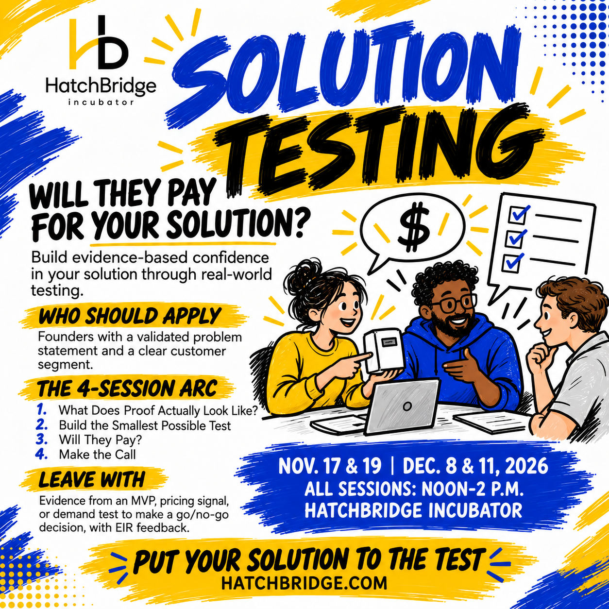 Solution Testing: November 17 and 19, December 8 and 11, 2026, noon to 2 p.m. at HatchBridge Incubator.
