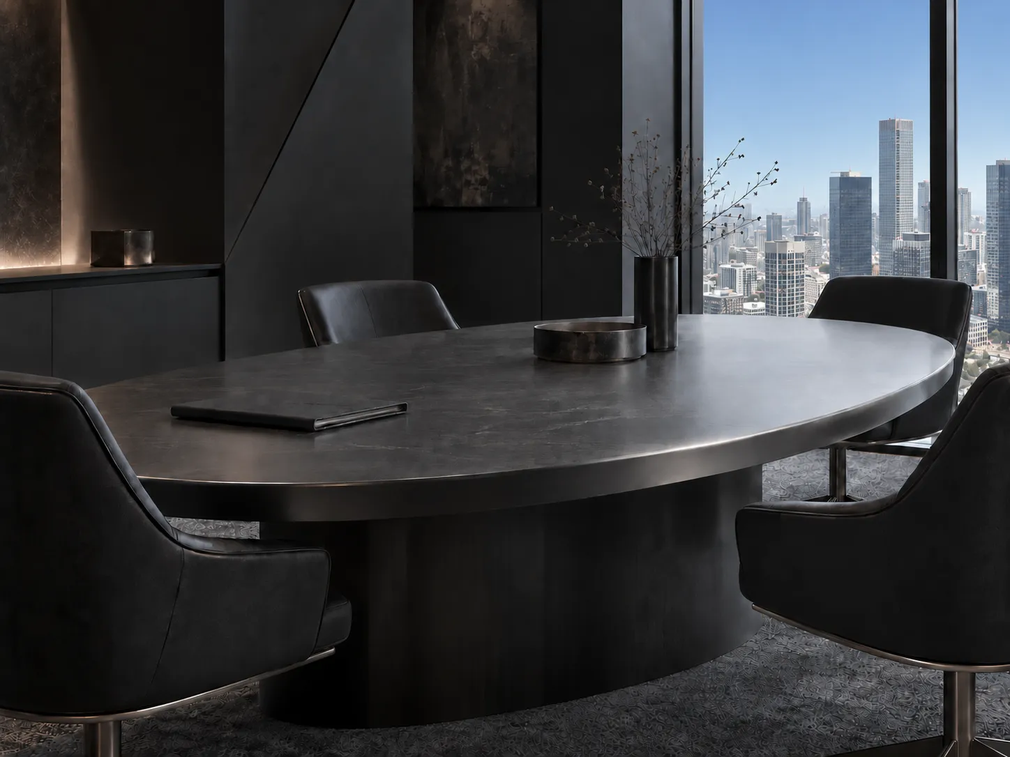 Dark executive boardroom with an oval stone table, leather chairs, and a city skyline beyond floor-to-ceiling windows