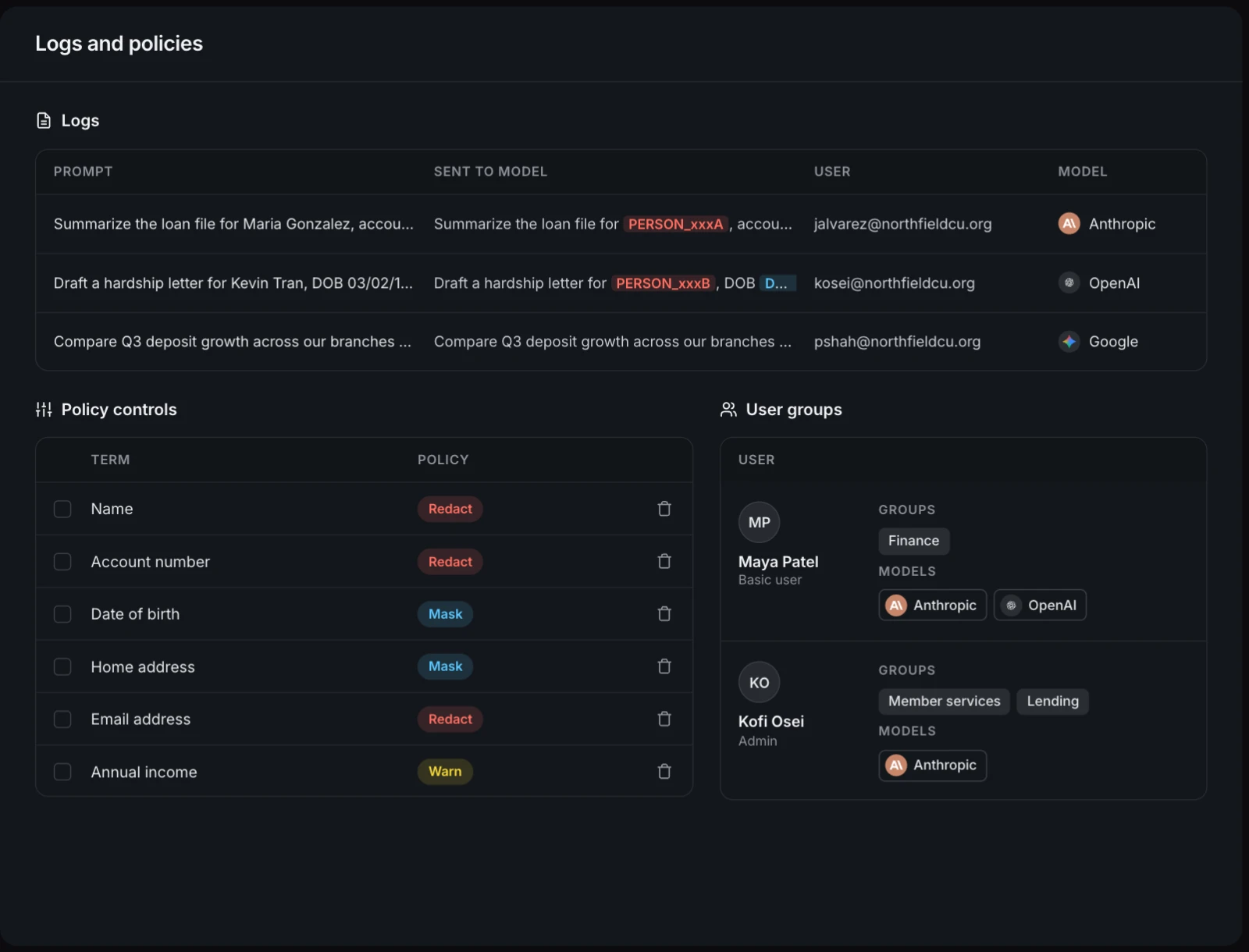 Liminal Logs and policies view combining three modules: a log of prompts beside the cleansed version sent to the model, with names and account numbers replaced by placeholders, plus user and model; policy controls setting each data type to redact, mask, or warn; and user groups showing each user's role, groups, and approved models.