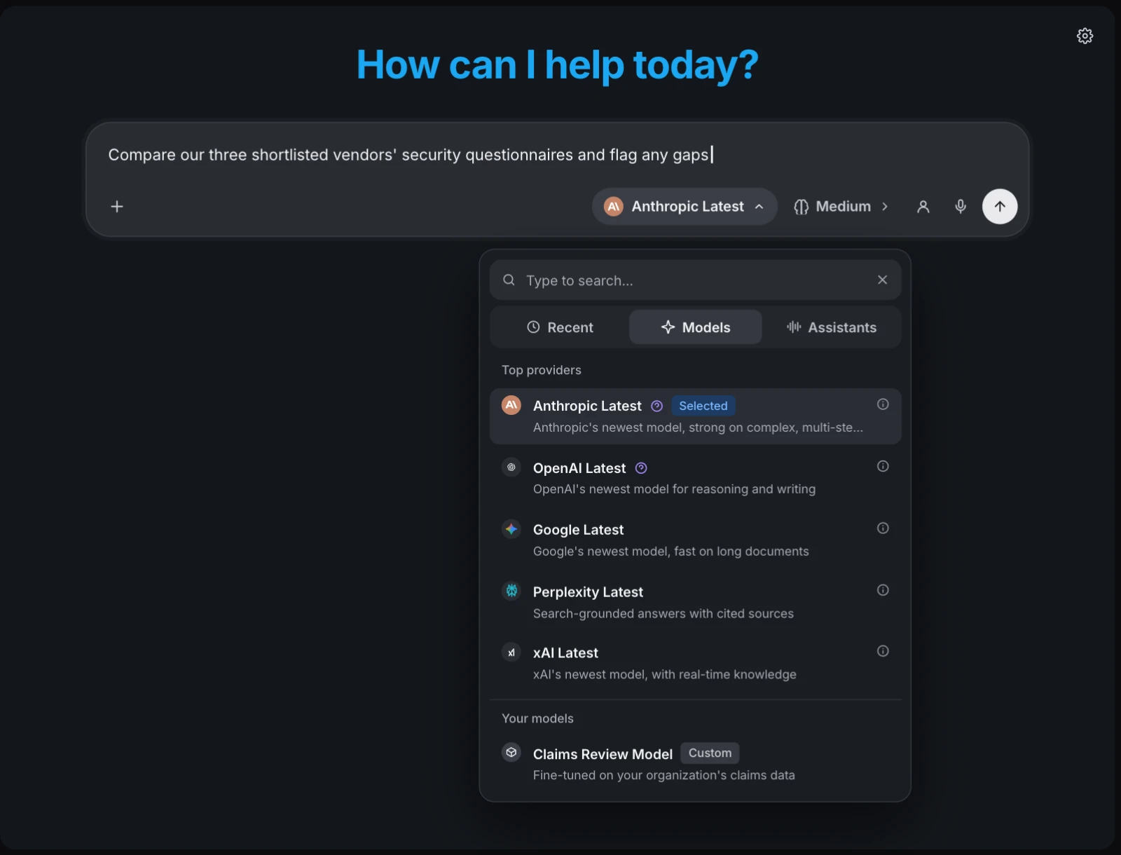 Liminal workspace with a prompt typed in and the model picker open below it, listing models from Anthropic, OpenAI, Google, Perplexity, and xAI, plus a custom fine-tuned model.