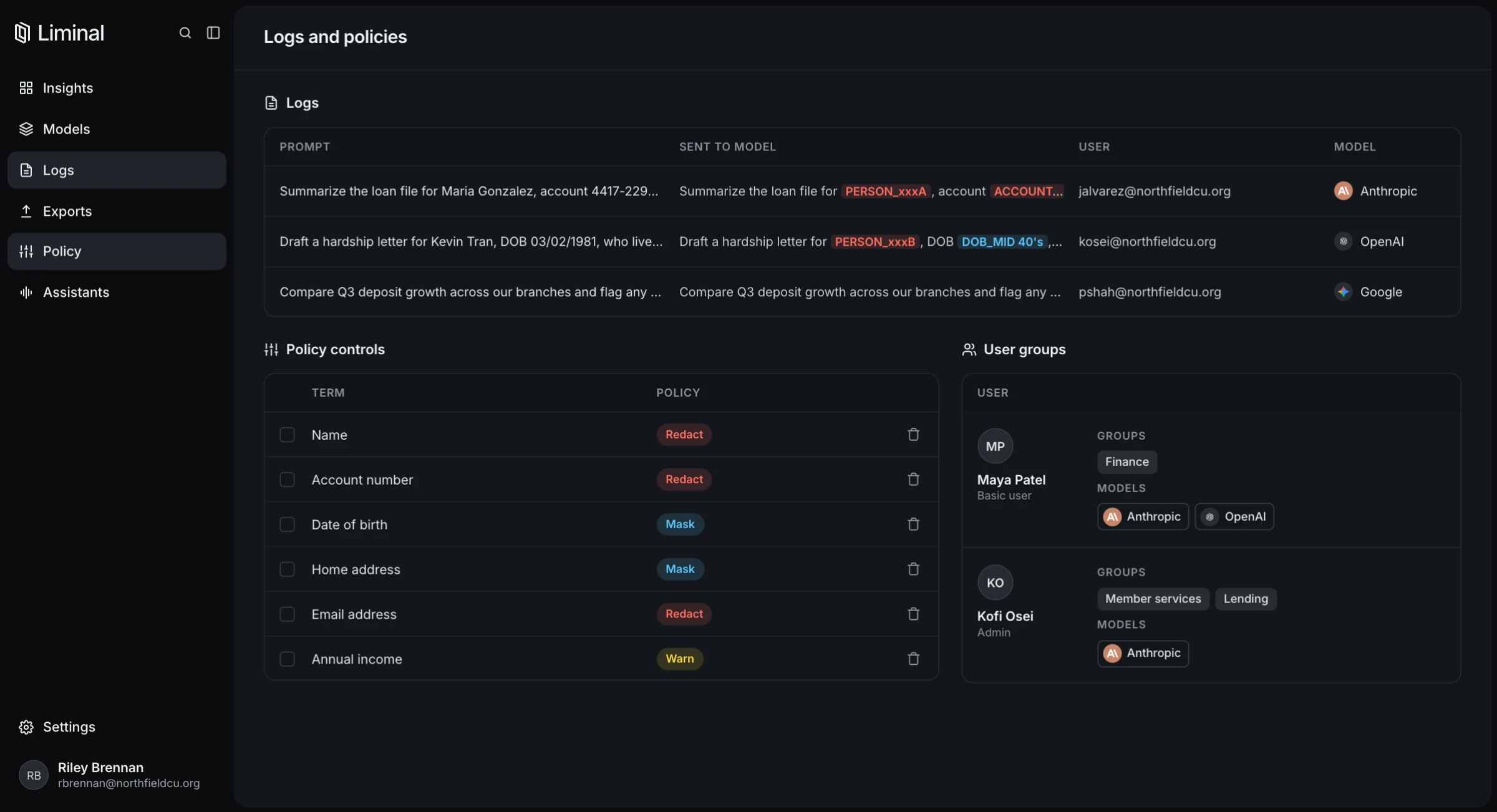 Liminal Logs and policies view combining three modules: a log of prompts beside the cleansed version sent to the model, with names and account numbers replaced by placeholders, plus user and model; policy controls setting each data type to redact, mask, or warn; and user groups showing each user's role, groups, and approved models.