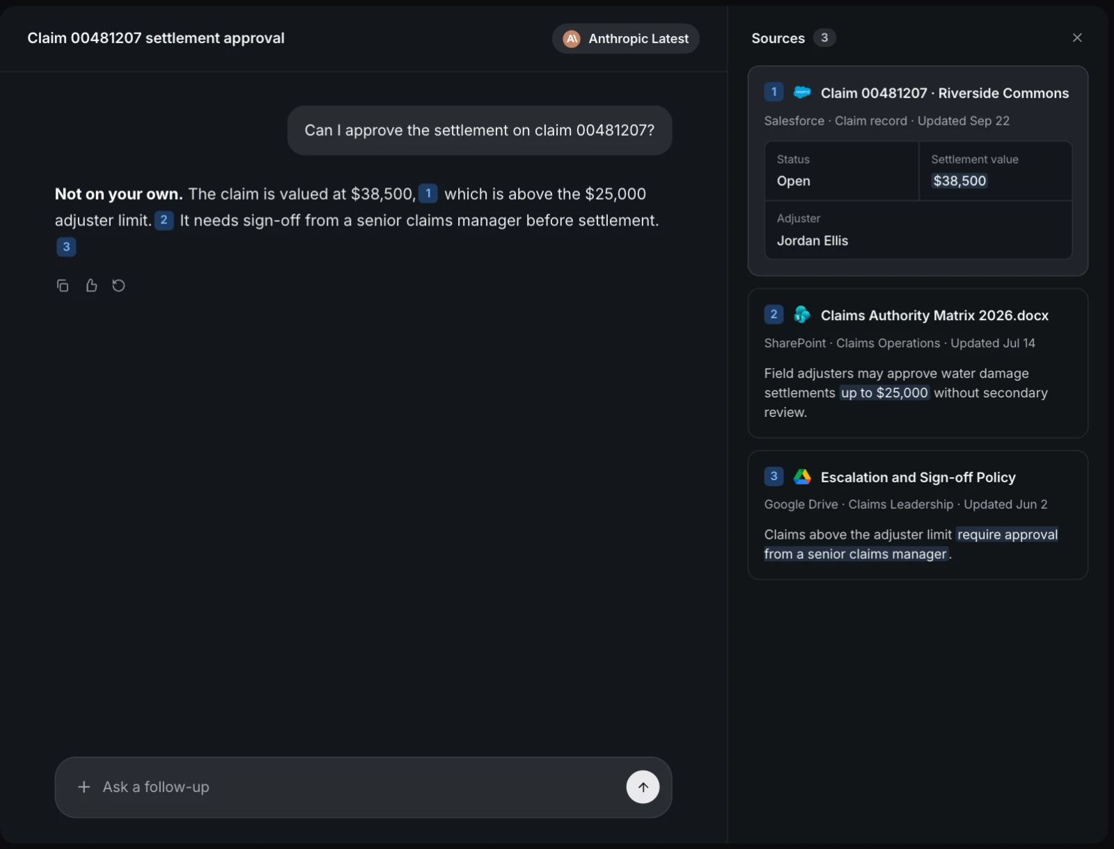 Liminal answering whether an adjuster can approve a claim settlement, citing a live Salesforce claim record with status, settlement value and adjuster fields, plus a SharePoint authority matrix and a Google Drive escalation policy.