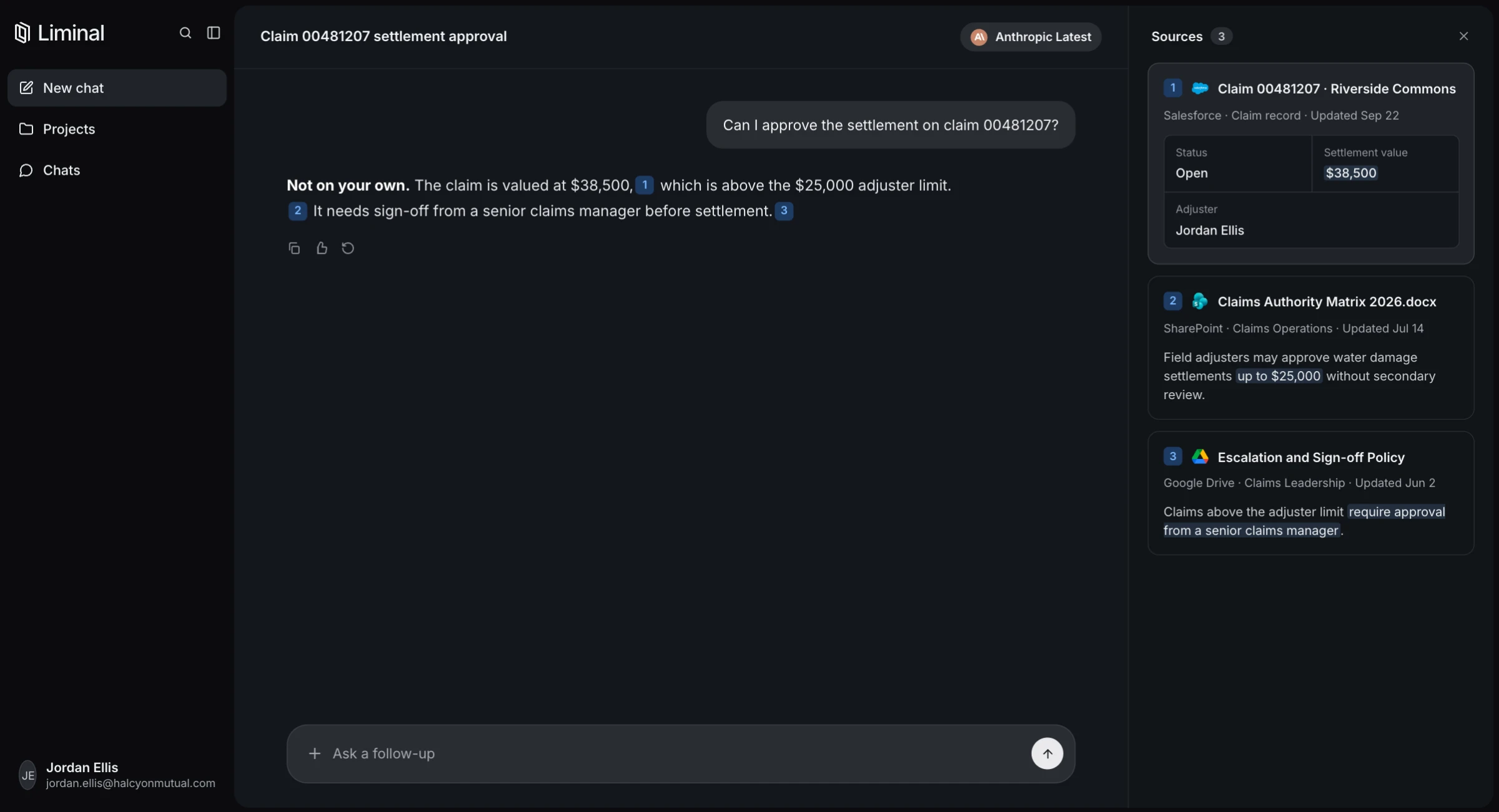 Liminal answering whether an adjuster can approve a claim settlement, citing a live Salesforce claim record with status, settlement value and adjuster fields, plus a SharePoint authority matrix and a Google Drive escalation policy.