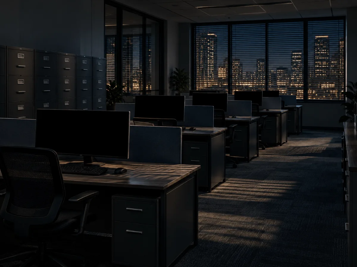 Empty claims office at night, rows of desks and file cabinets with city lights through the blinds