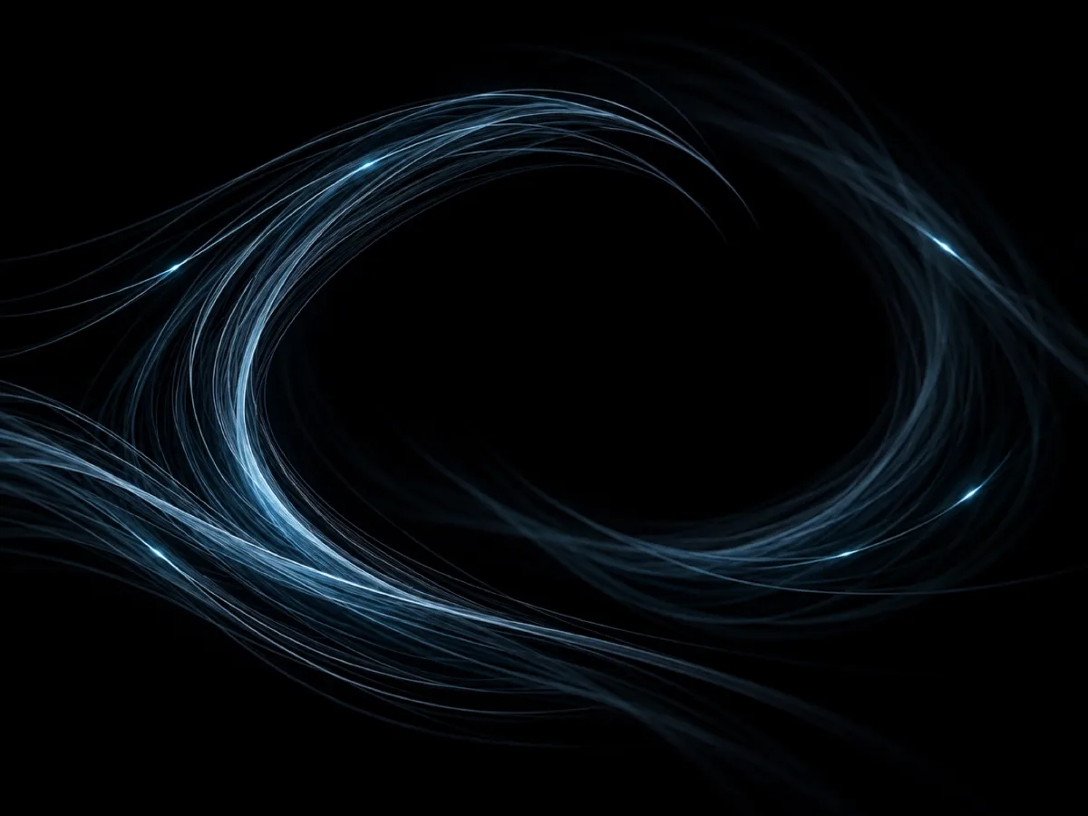 Fine strands of blue light looping through darkness, marked by small bright points