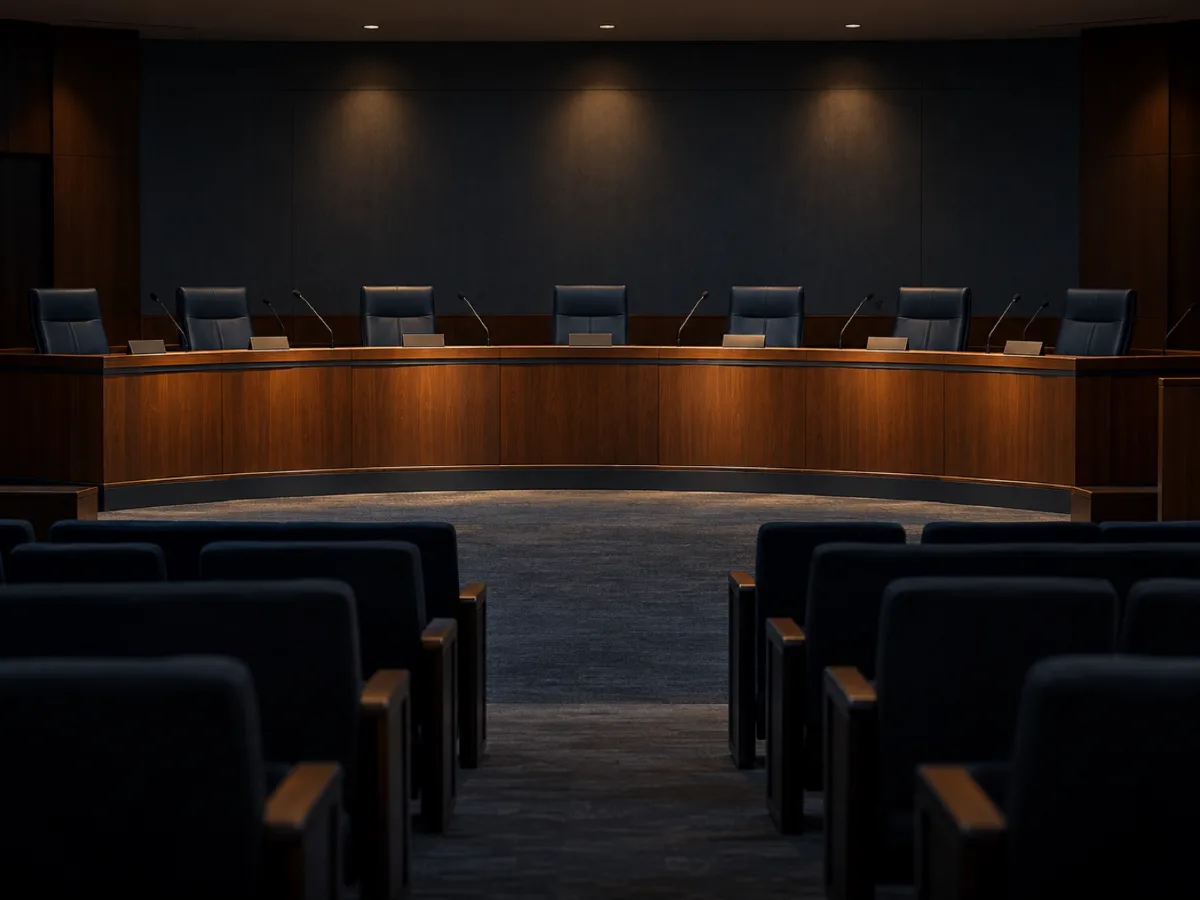Empty council chamber with a curved wooden dais, microphones, and rows of public seating