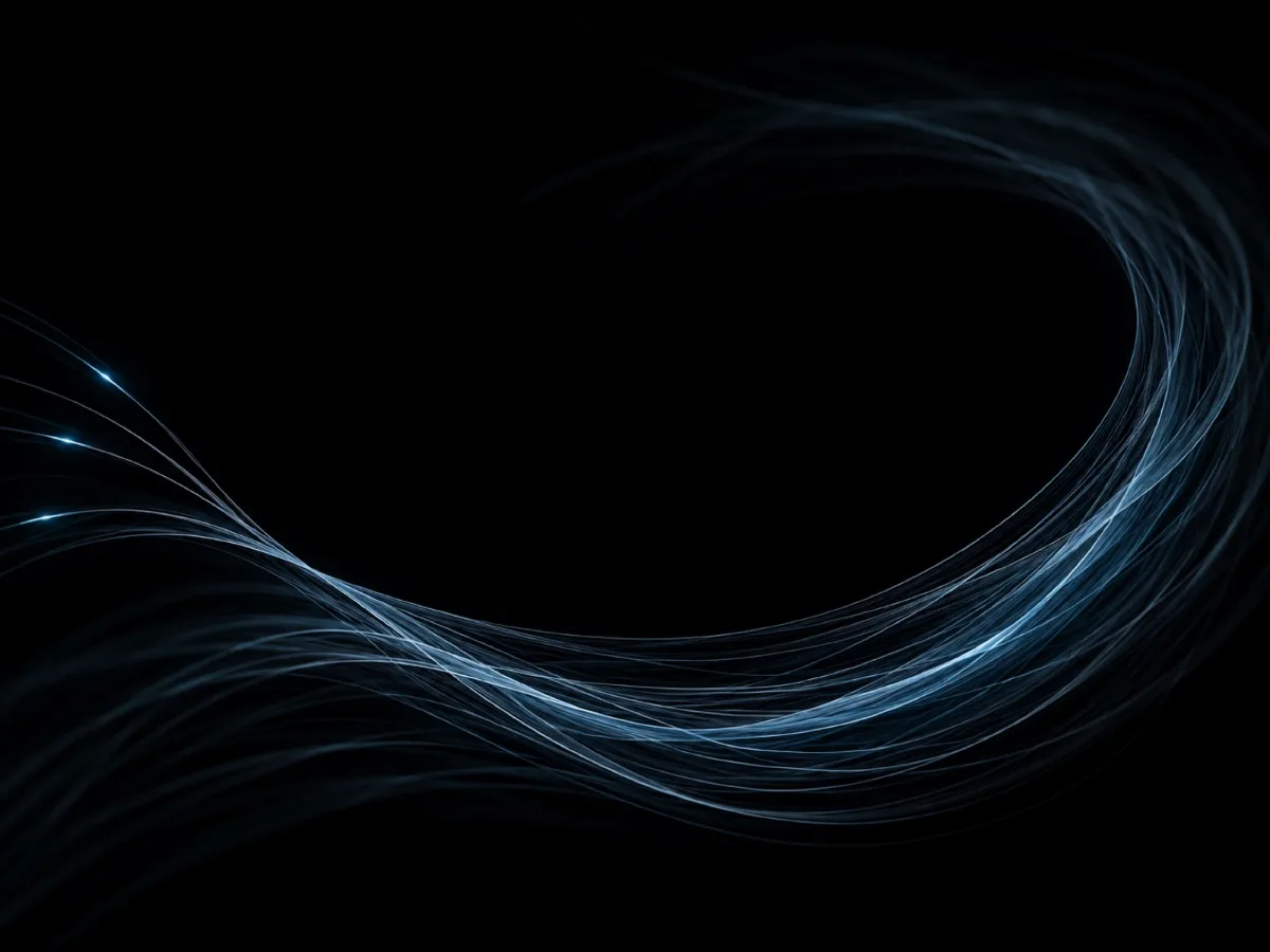 Fine strands of blue light sweeping through darkness from three bright points